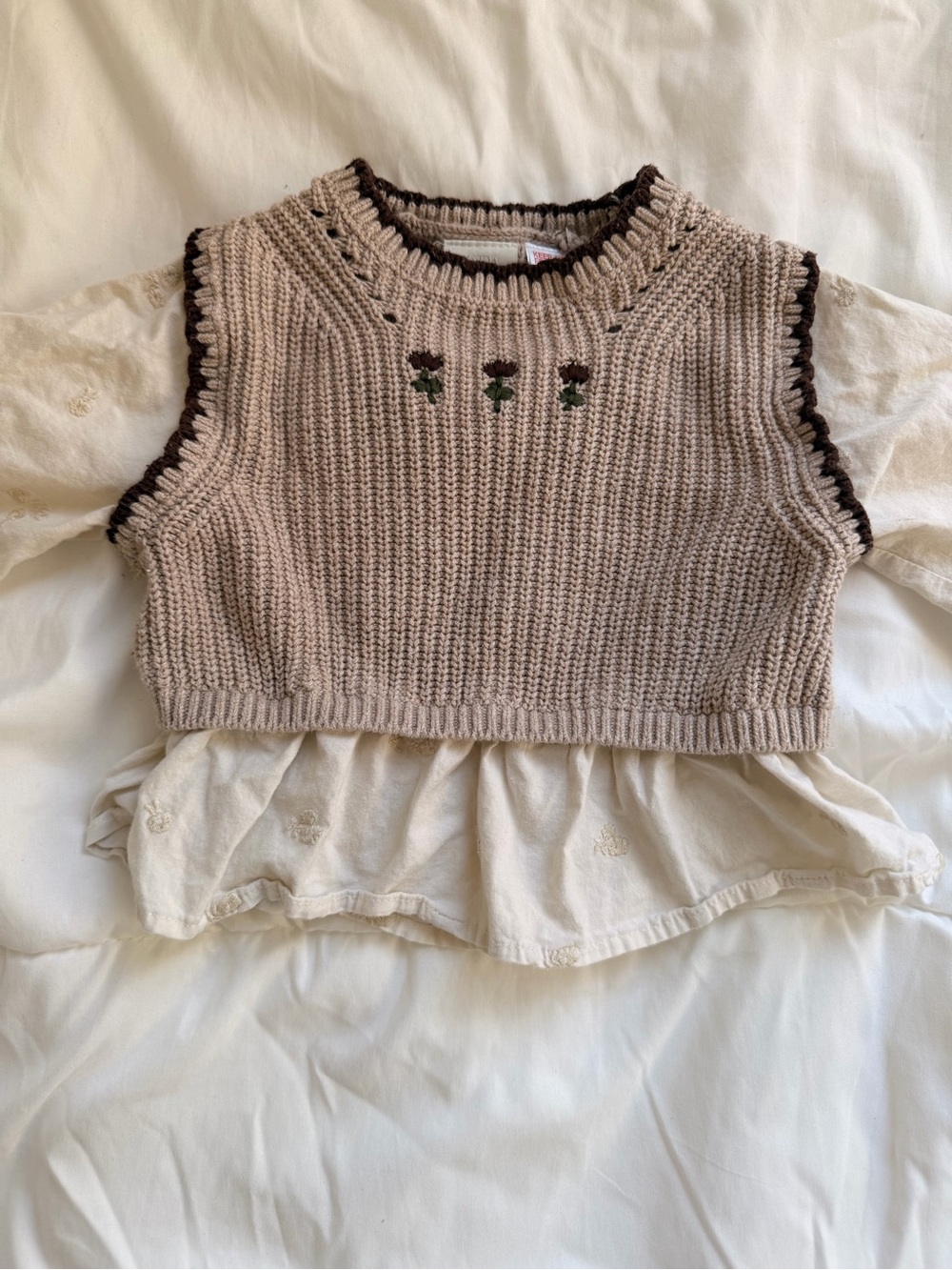Zara Beige Knit Vest with Dark Brown Trim and Floral Detail